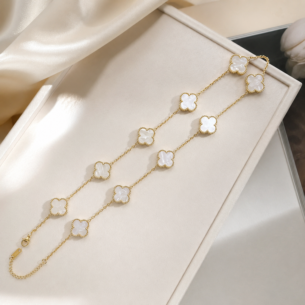 18K Gold-Plated Mother-of-Pearl Four-Leaf Clover Station Necklace