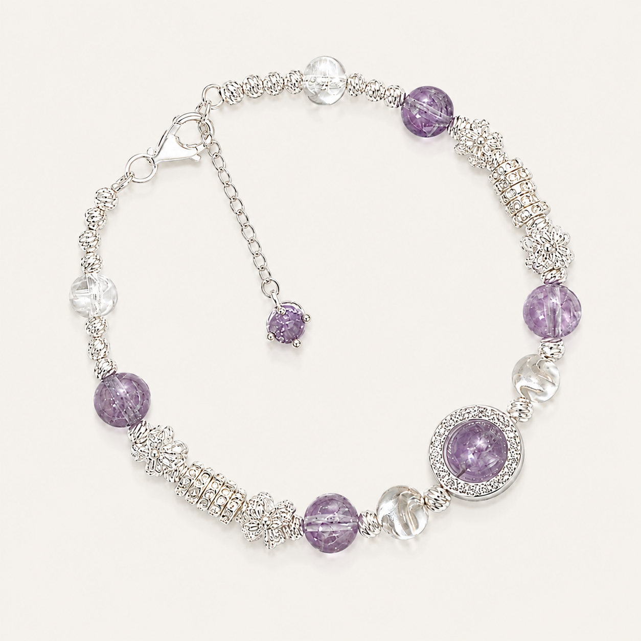 Amethyst Cat Eye Bracelet — 925 Sterling Silver Adjustable Bracelet with Purple Crystal Beads Twisted Wire Wrap | Bohemian Spiritual Jewelry for Women