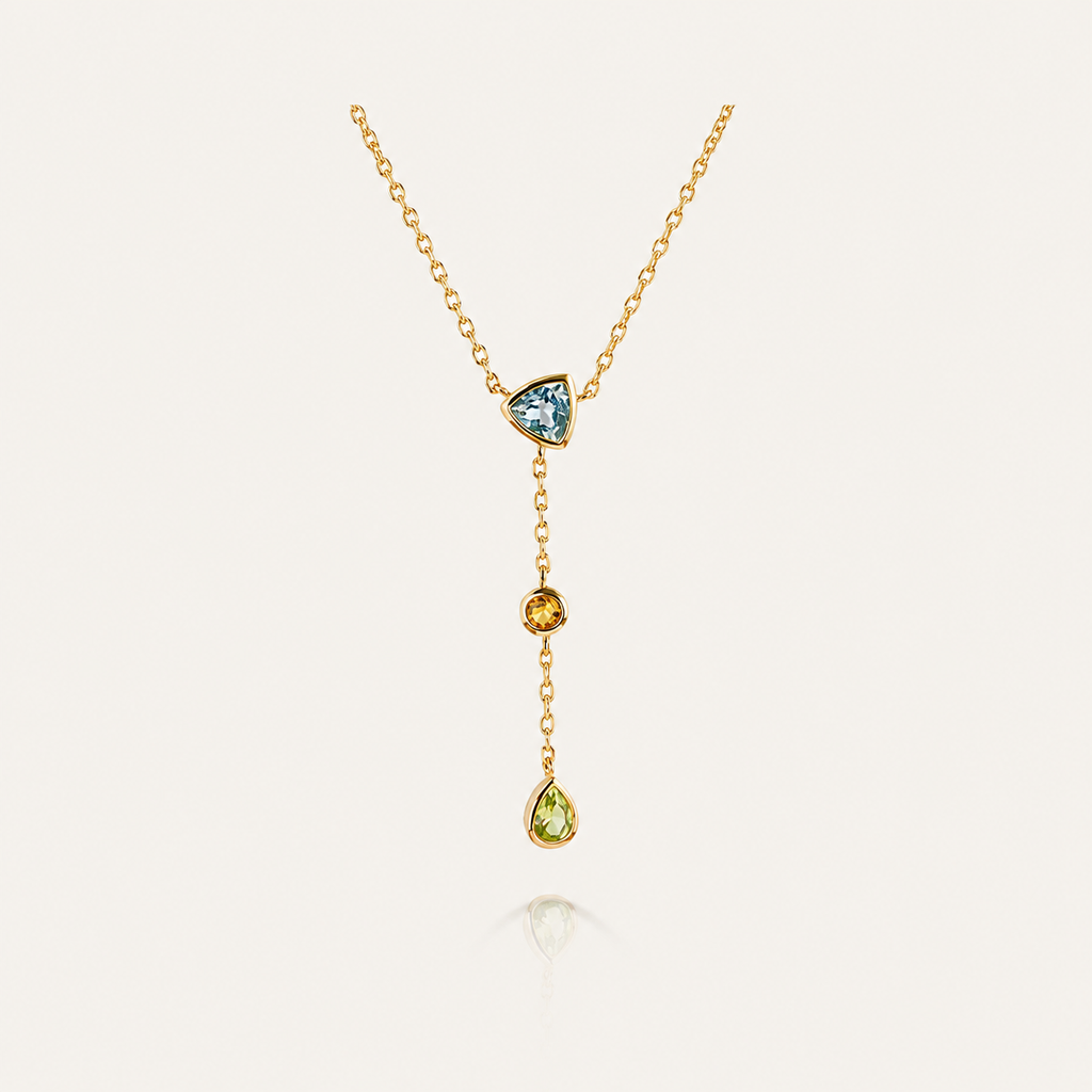 S925 Silver Three-Stone Drop Necklace with Sky Blue & Citrine – Lariat Style Pendant