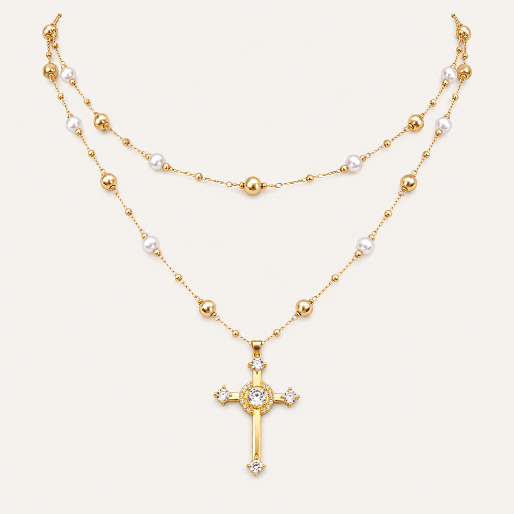 Starlight Aura Layered Cross Pearl Necklace