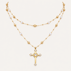 Starlight Aura Layered Cross Pearl Necklace