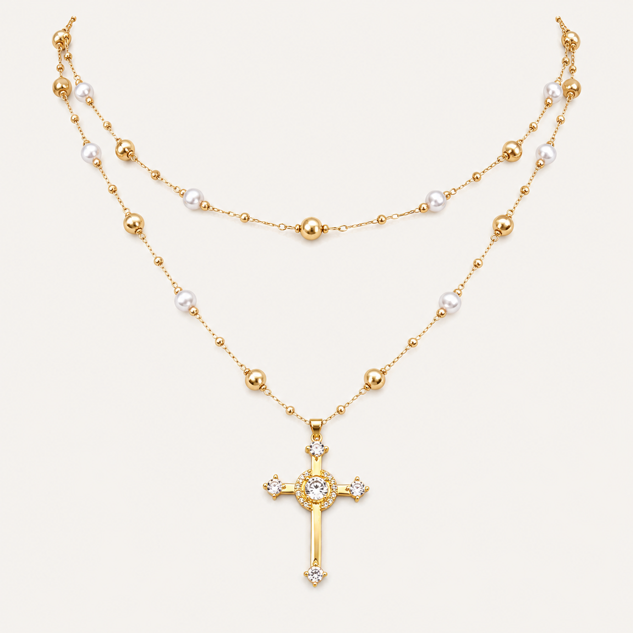 Starlight Aura Layered Cross Pearl Necklace