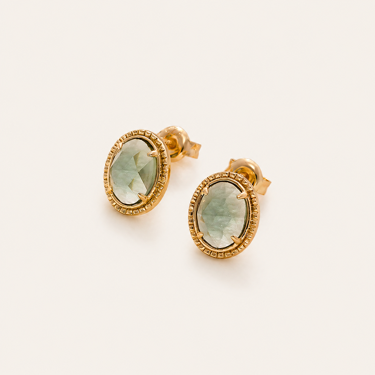 Green Amethyst Stud Earrings — S925 Sterling Silver 14K Gold Plated Oval Faceted Prasiolite Earrings with Milgrain Detail | Vintage Elegant Jewelry for Women