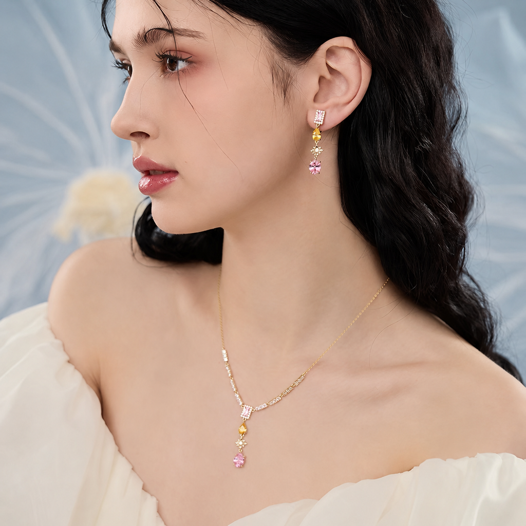 Yellow & Pink Zircon Tassel Necklace