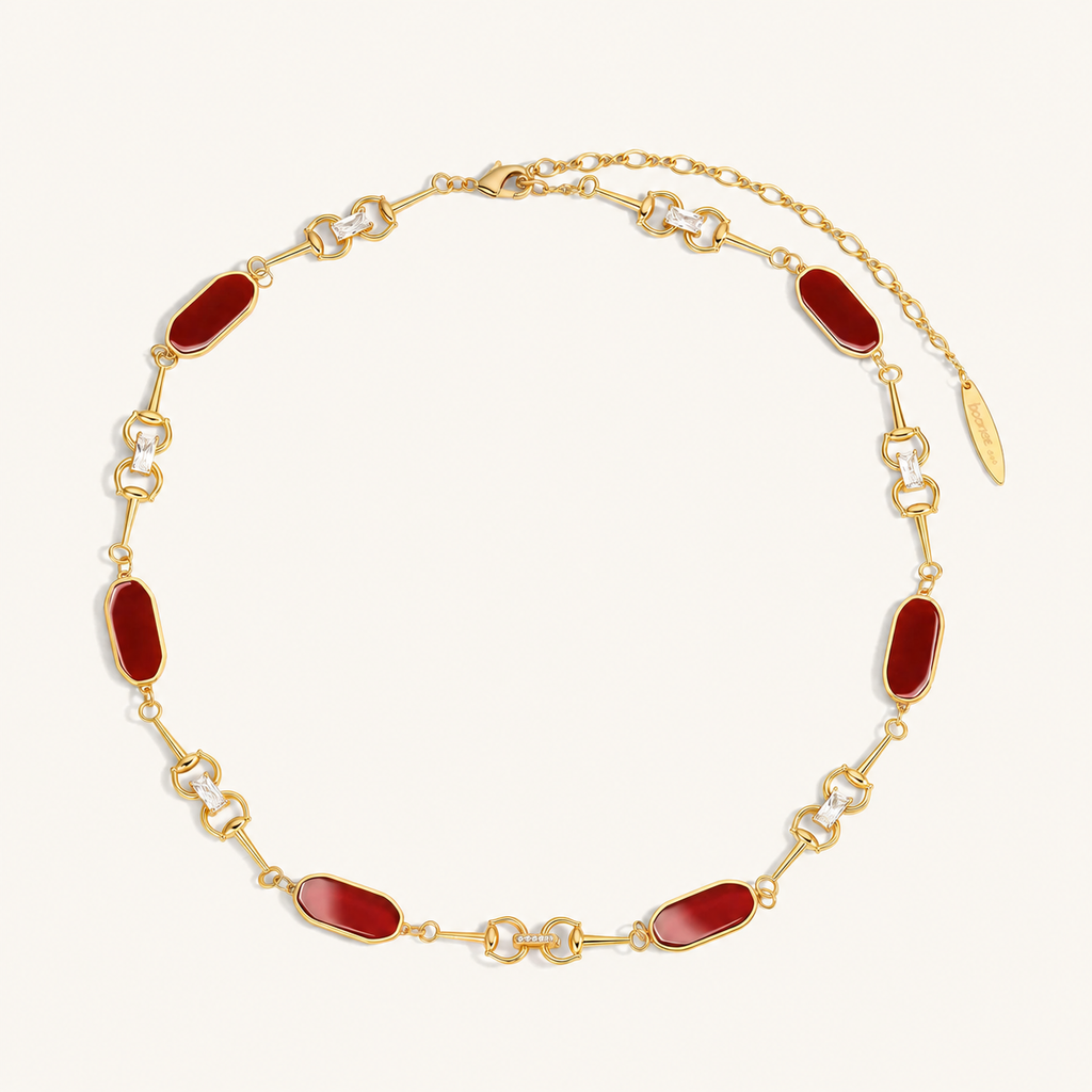 Vintage Red & Green Agate Horsebit Collarbone Necklace with Polished Metal Links
