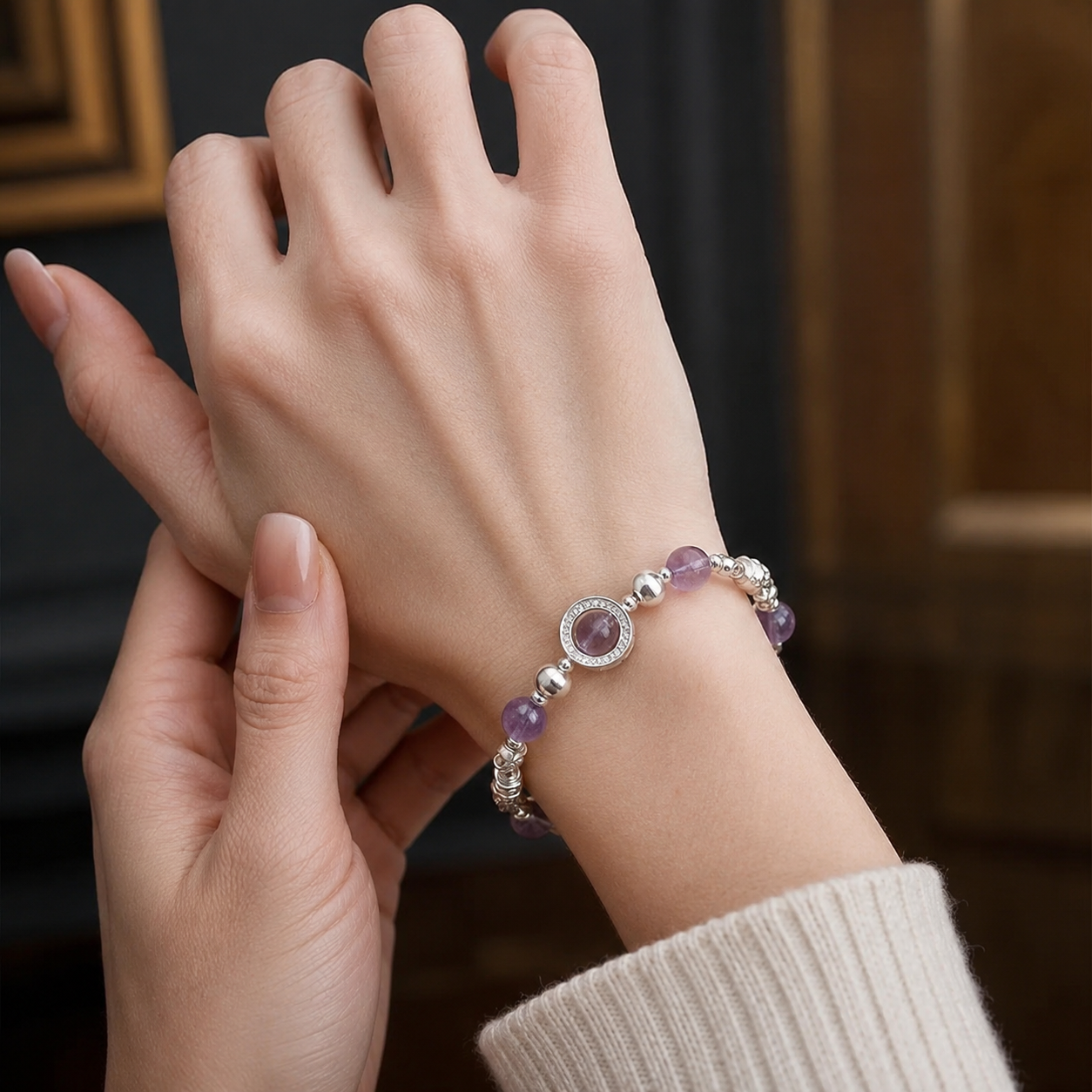 Amethyst Cat Eye Bracelet — 925 Sterling Silver Adjustable Bracelet with Purple Crystal Beads Twisted Wire Wrap | Bohemian Spiritual Jewelry for Women