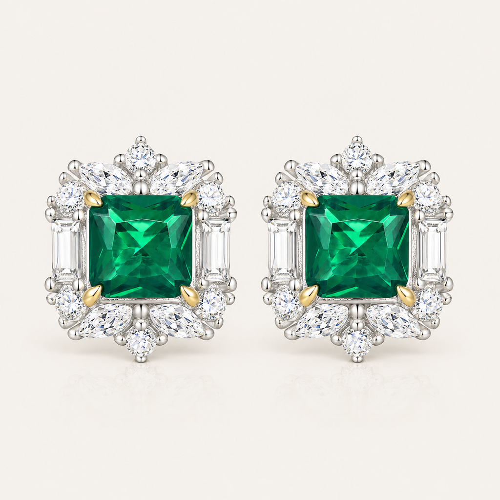Emerald Blossom Stud Earrings — 925 Sterling Silver Flower Cluster Earrings with Emerald-Cut Gemstone | Luxury Floral Jewelry for Women