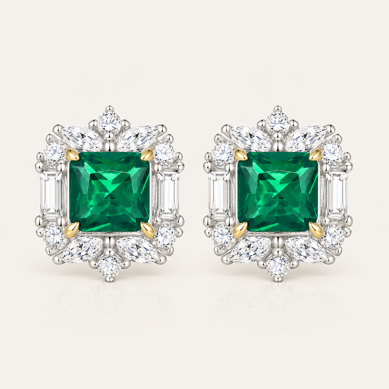 Emerald Blossom Stud Earrings — 925 Sterling Silver Flower Cluster Earrings with Emerald-Cut Gemstone | Luxury Floral Jewelry for Women