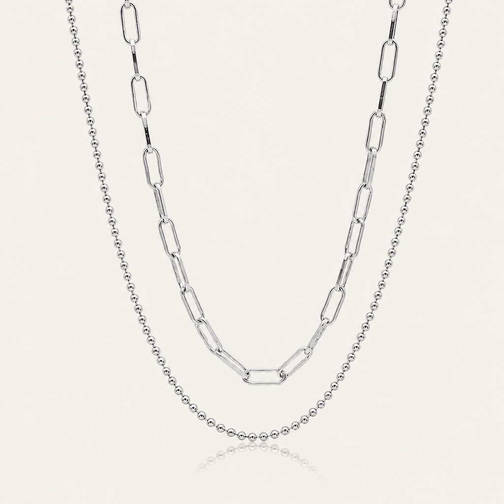Dual-Layer Silver Chain Necklace – Minimalist Paperclip & Beaded Layered Design for Women
