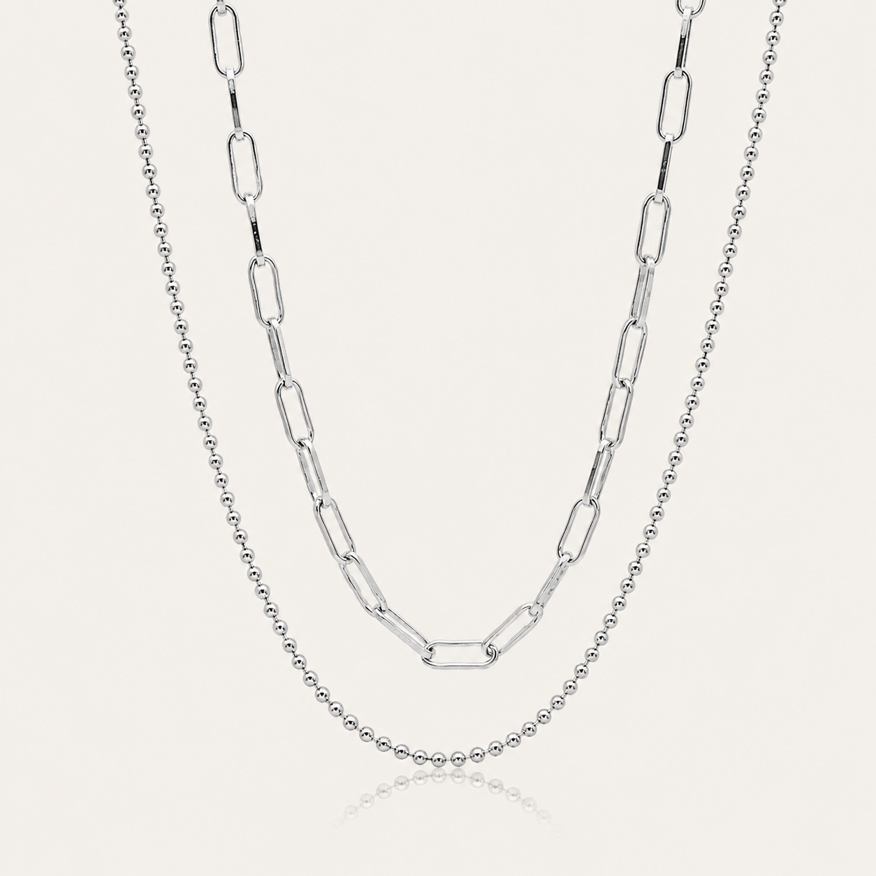 Dual-Layer Silver Chain Necklace – Minimalist Paperclip & Beaded Layered Design for Women