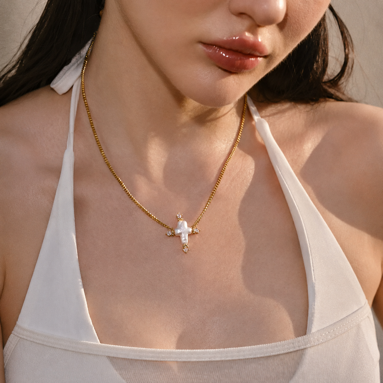 Ocean-Inspired Baroque Pearl Cross Pendant Necklace for Women