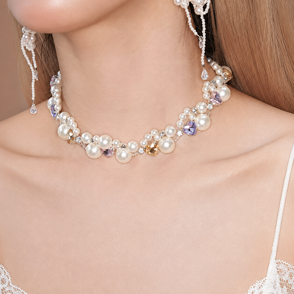 Dreamy Ling Pearl Jewelry Set with Pastel Heart Crystals and Elegant Bead Details