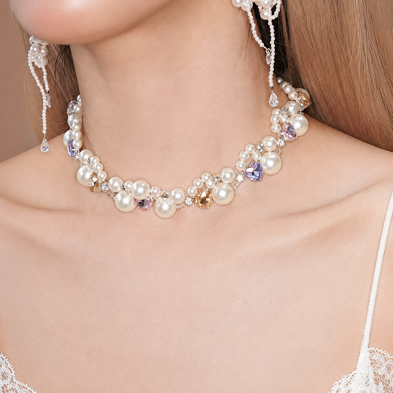 Dreamy Ling Pearl Jewelry Set with Pastel Heart Crystals and Elegant Bead Details