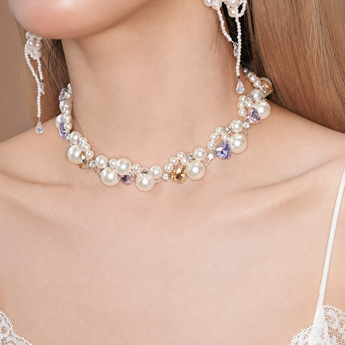 Dreamy Ling Pearl Jewelry Set with Pastel Heart Crystals and Elegant Bead Details