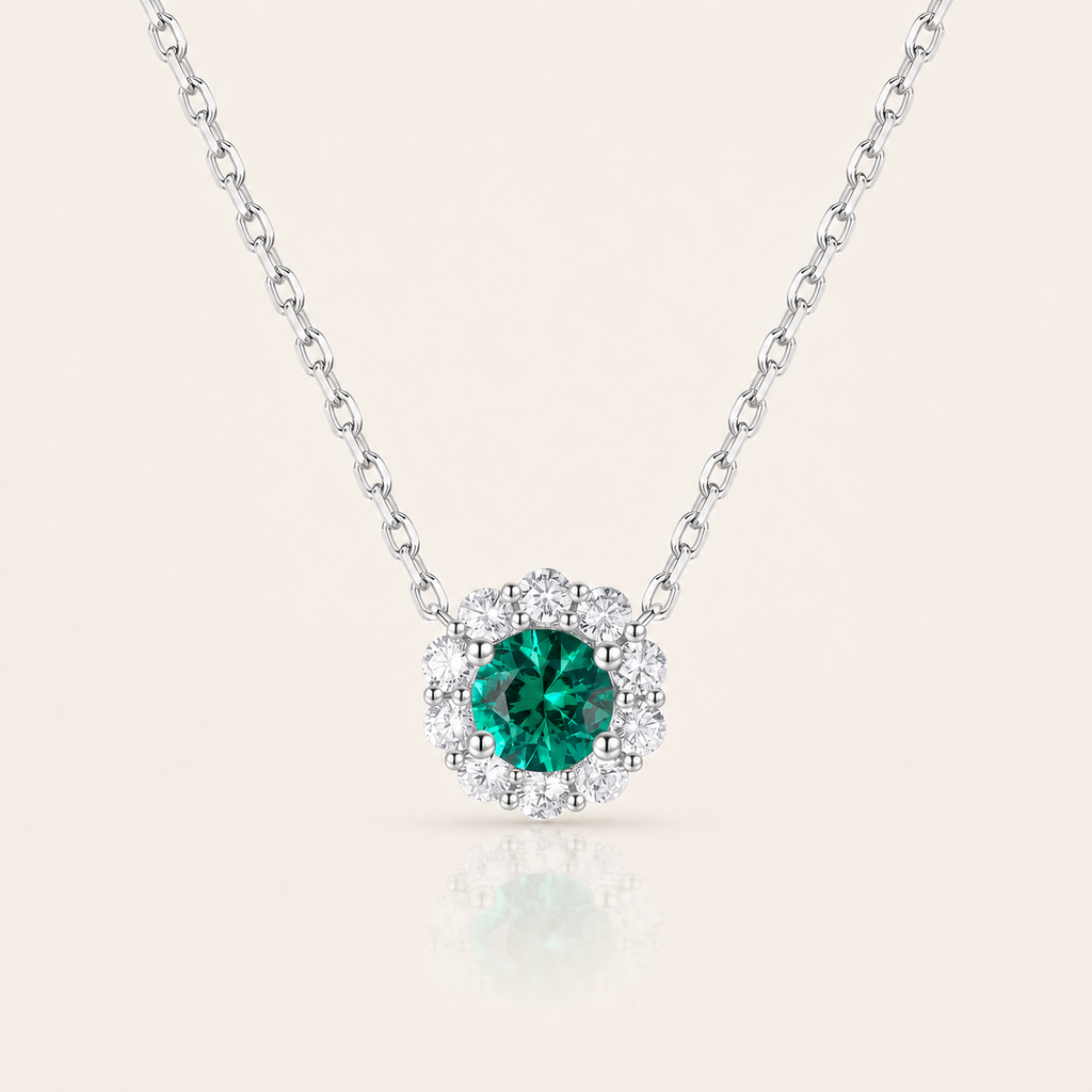 Emerald Halo Pendant Necklace – Round Cut Emerald Center Stone with Double Pavé CZ Surround in Sterling Silver