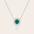 Emerald Halo Pendant Necklace – Round Cut Emerald Center Stone with Double Pavé CZ Surround in Sterling Silver