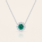 Emerald Halo Pendant Necklace – Round Cut Emerald Center Stone with Double Pavé CZ Surround in Sterling Silver