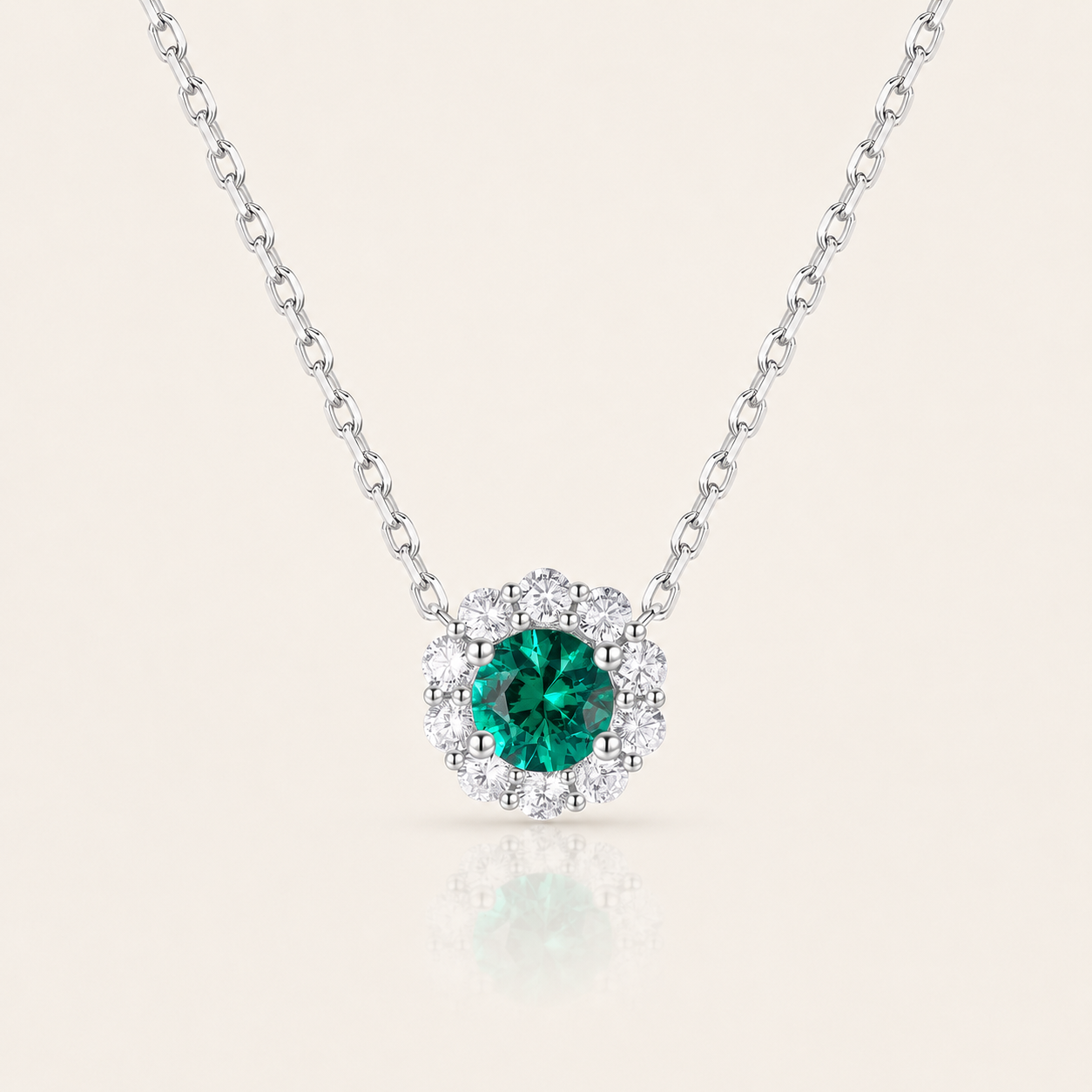 Emerald Halo Pendant Necklace – Round Cut Emerald Center Stone with Double Pavé CZ Surround in Sterling Silver