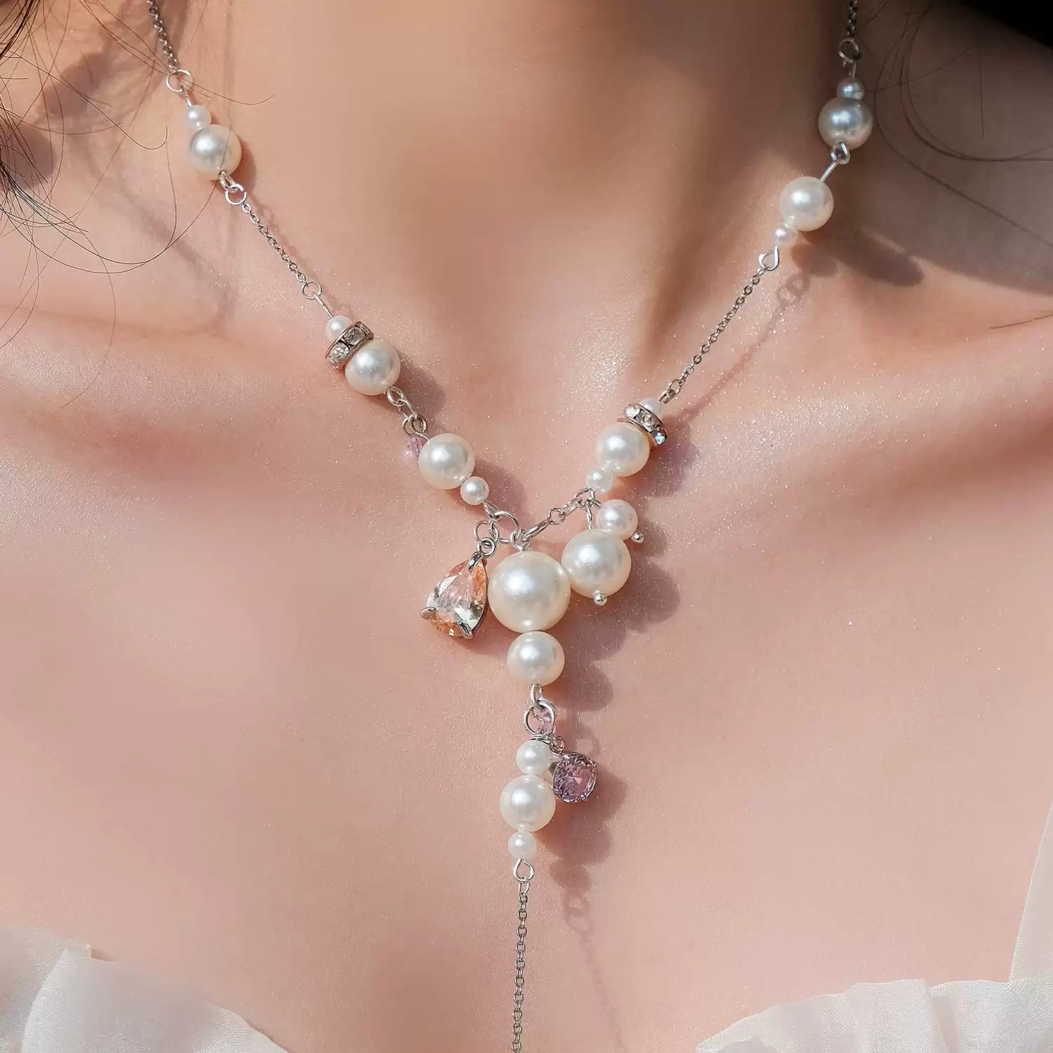 Romantic Pearl Drop Necklace with Pink Crystal Charm and Layered Silver-Tone Chain