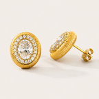 Starlight Aura Elegant Oval Gold Stud Earrings with Zircon Halo – 925 Sterling Silver