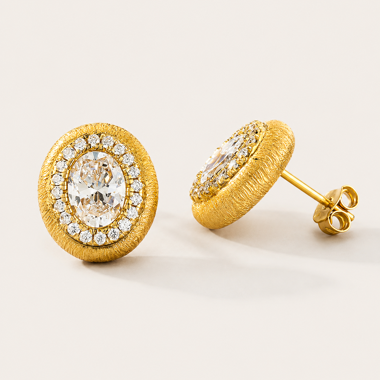 Starlight Aura Elegant Oval Gold Stud Earrings with Zircon Halo – 925 Sterling Silver