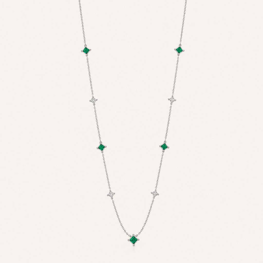 S925 Sterling Silver 18K Gold Plated Emerald &amp Diamond Multi-Stone Starry Pendant Necklace