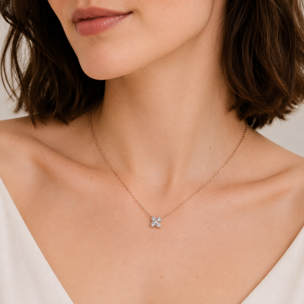 Rose Gold Four-Stone Clover Necklace – Sparkling Crystal Pendant Jewelry