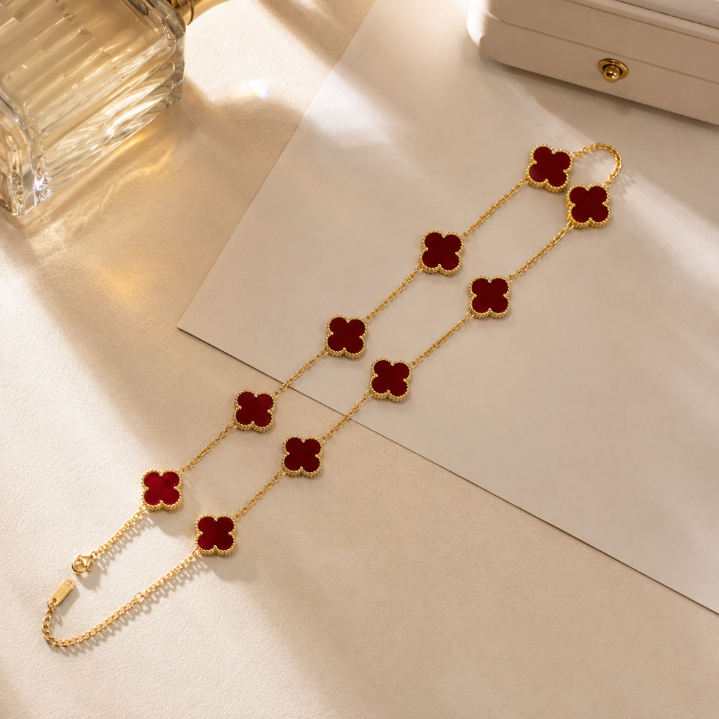 18K Gold-Plated Mother-of-Pearl Four-Leaf Clover Station Necklace