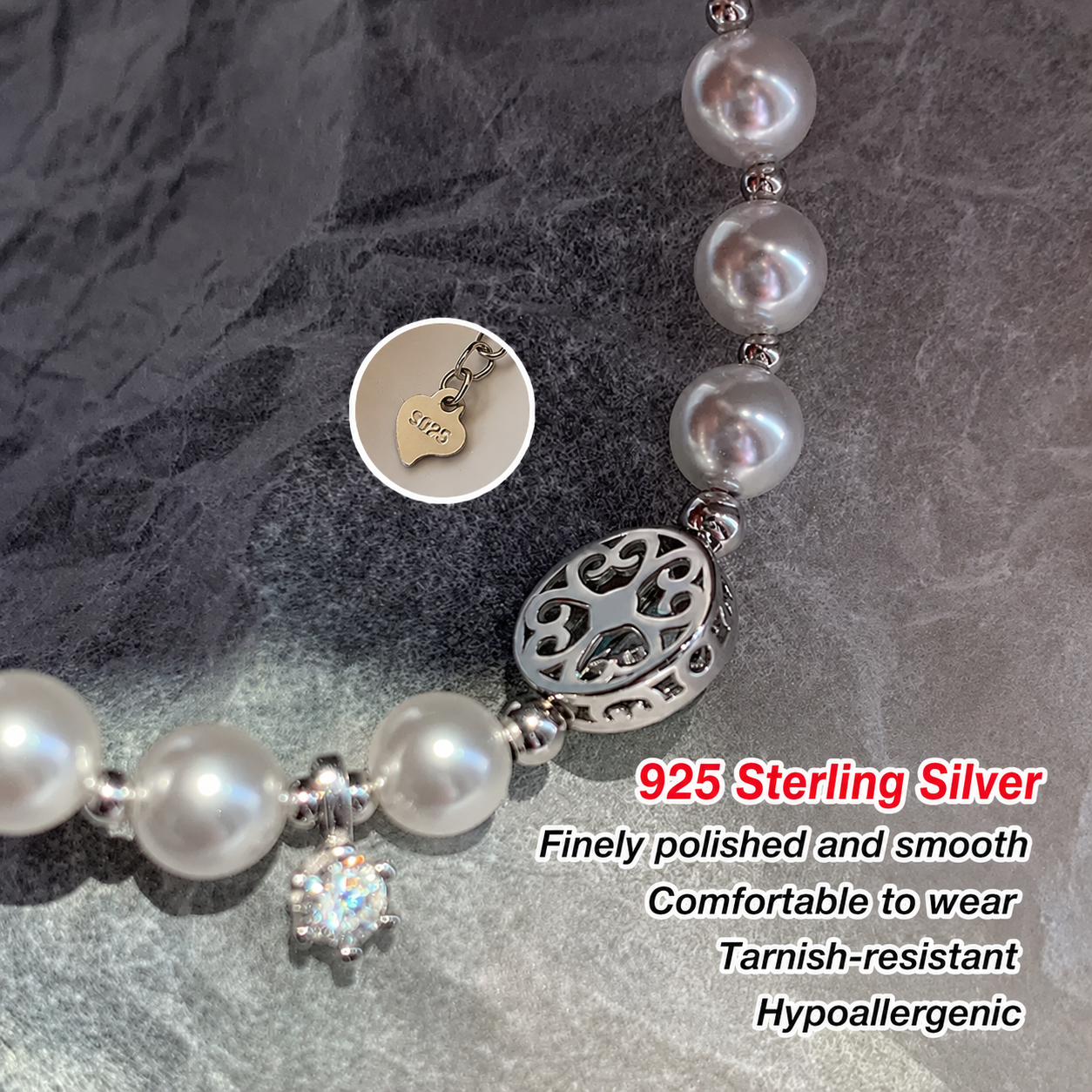 Elegant Ocean Blue Pearl Bracelet with Silver-Tone Zircon Charm