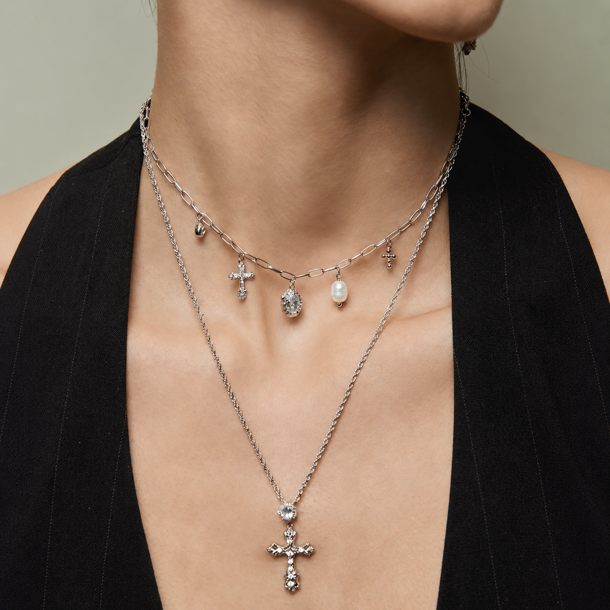 Starlight Aura Cross Pearl Charm Necklace