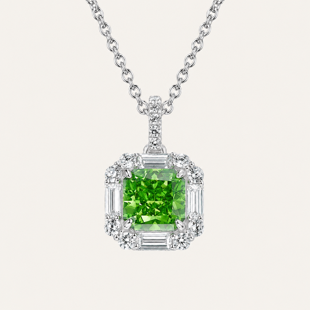 Emerald & Diamond Halo Pendant Necklace in Platinum