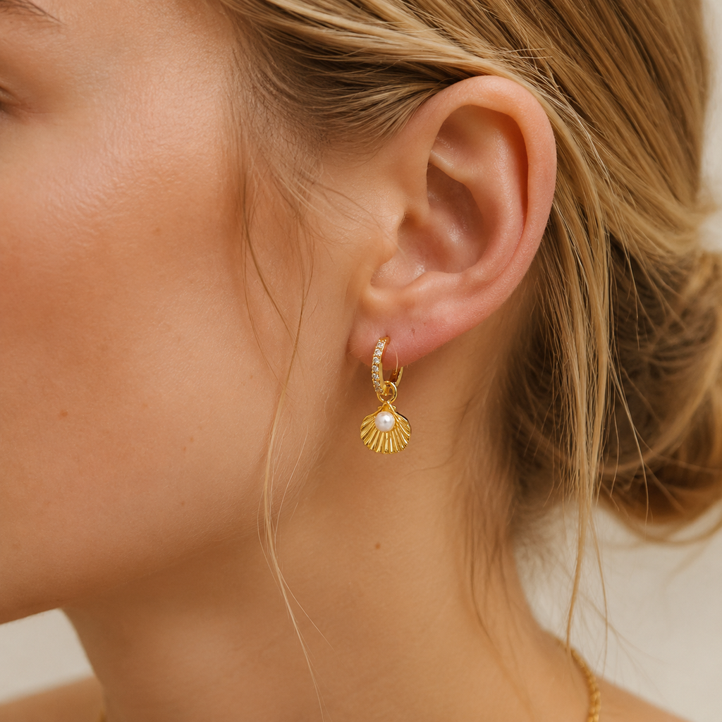 Golden Seashell & Pearl Hoop Earrings – Coastal Elegance Collection