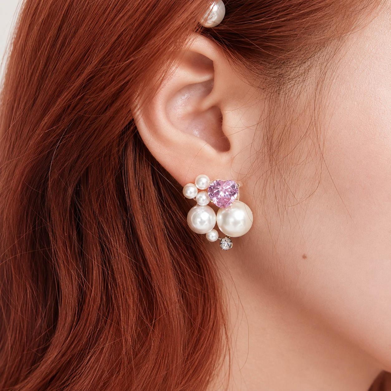 Ling Collection Dreamy Pearl Heart Crystal Earrings with Handmade Beading and Pink Zircon Accent