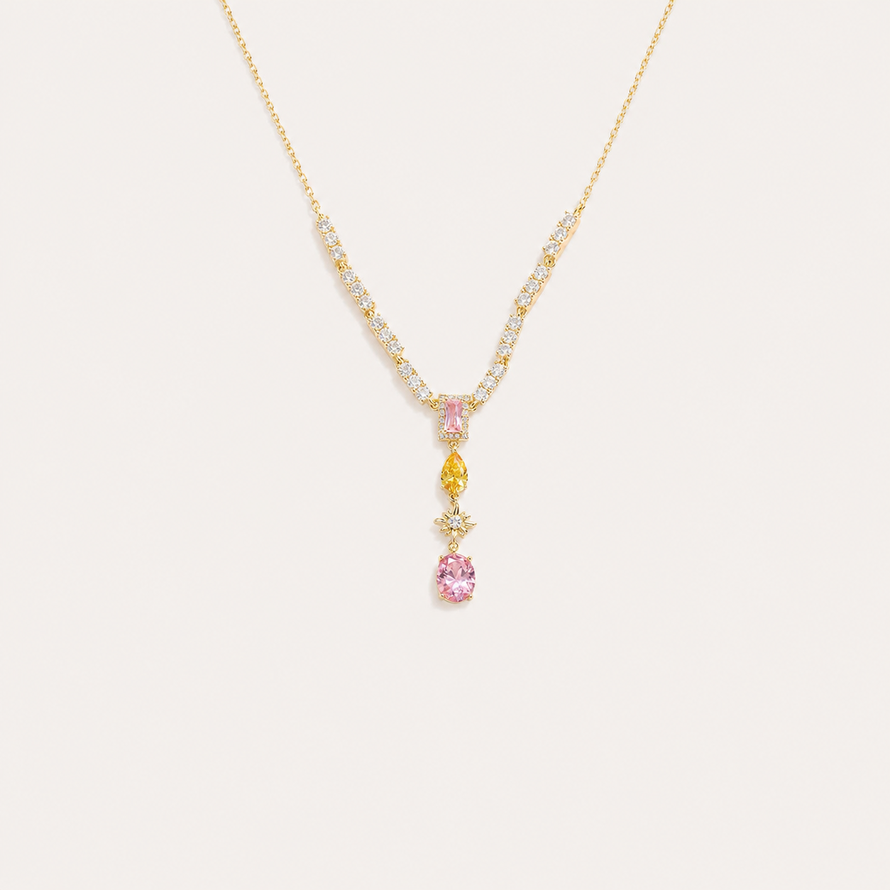 Yellow & Pink Zircon Tassel Necklace