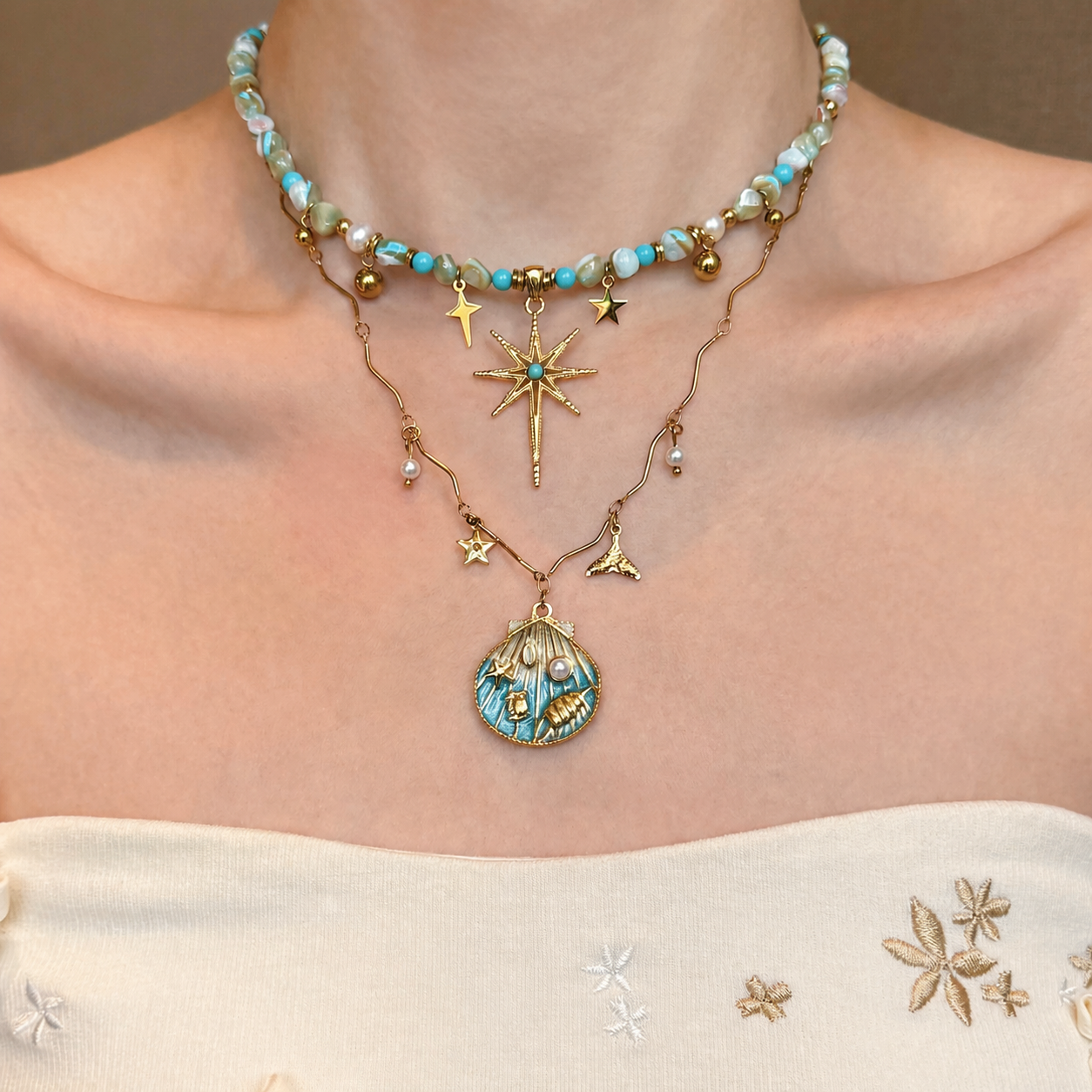 Ocean Star Layered Charm Necklace with Turquoise Beads & Shell Pendant