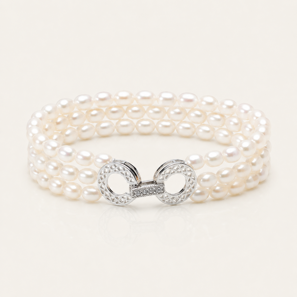 Triple Strand Freshwater Pearl Bracelet — 4-5mm Rice-Shaped High Luster Near-Flawless  Elegant Layered Pearls Jewelry for Women