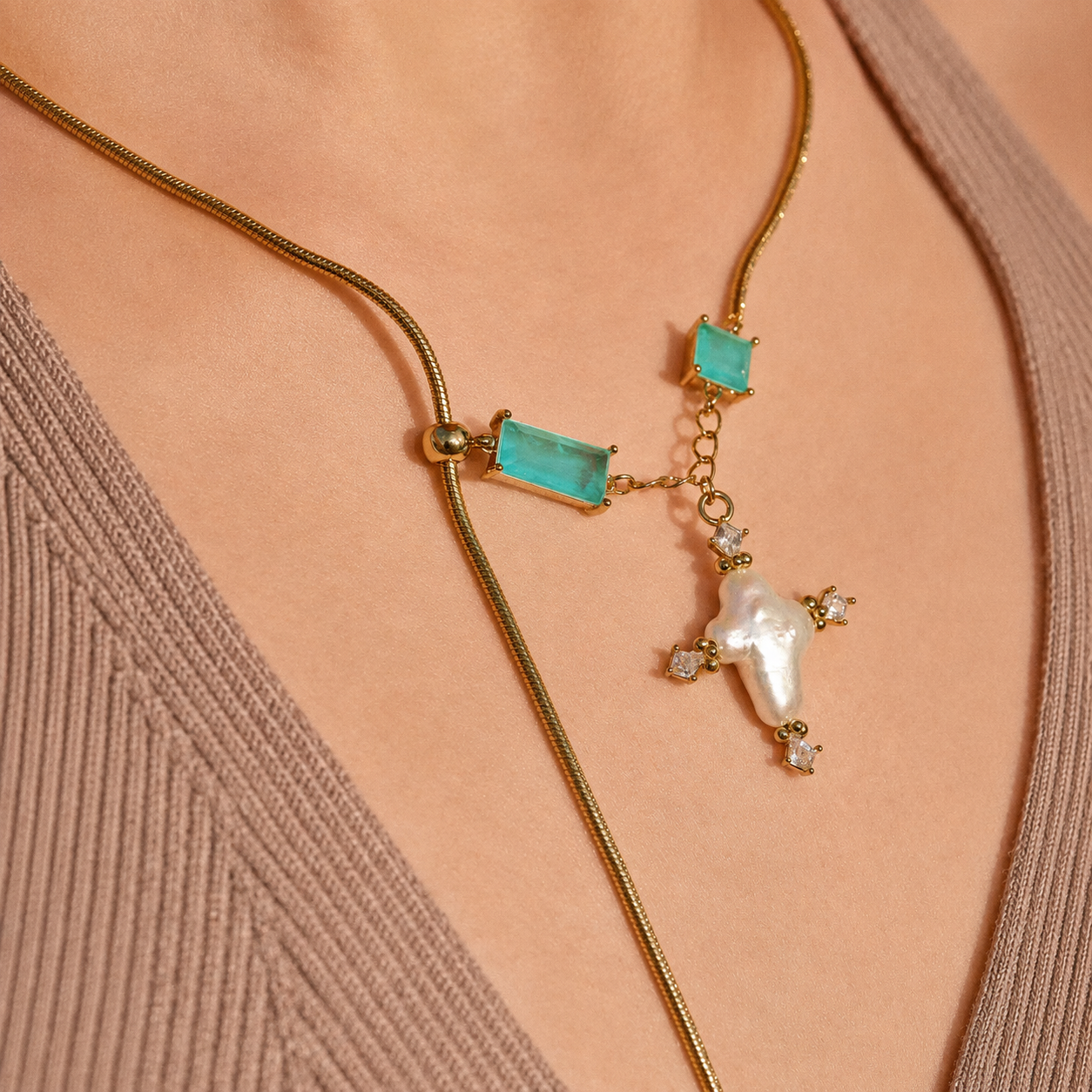 Baroque Cross Color-Block Slider Necklace with Paraiba Stone & Pearl Pendant