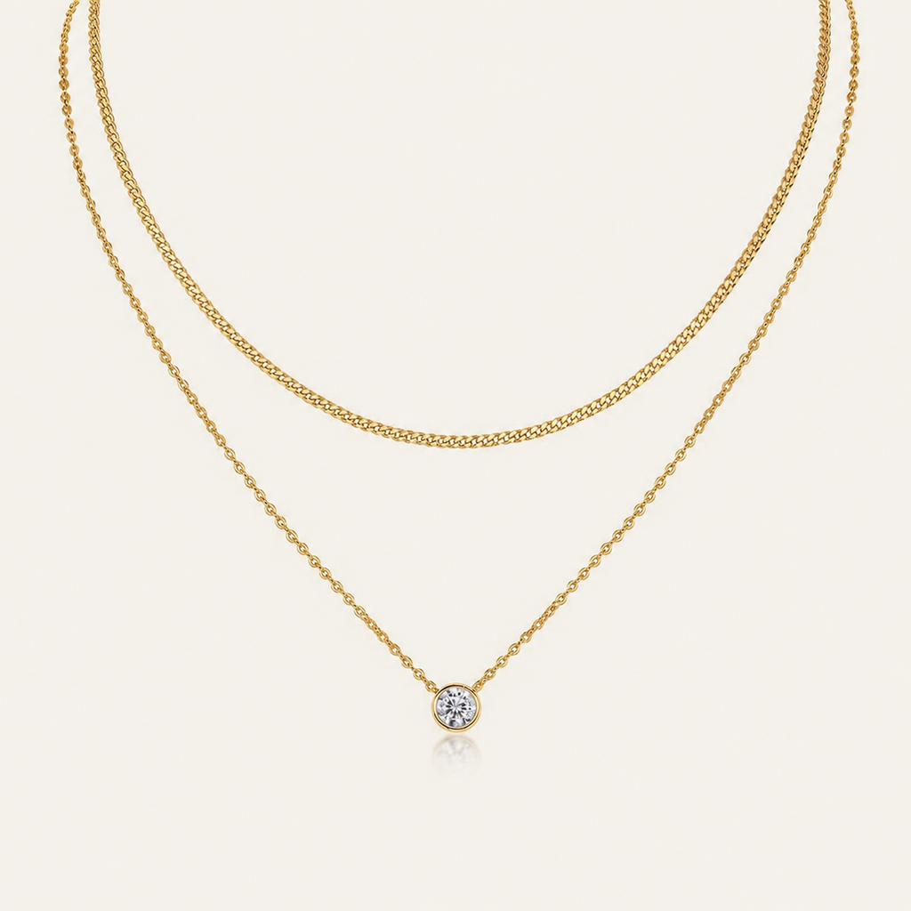 Layered Gold Necklace with Crystal Pendant – Minimalist 925 Sterling Silver Jewelry for Women