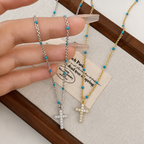 Cross Pendant Necklace with Turquoise Beads – Sparkling Crystal Chain Jewelry