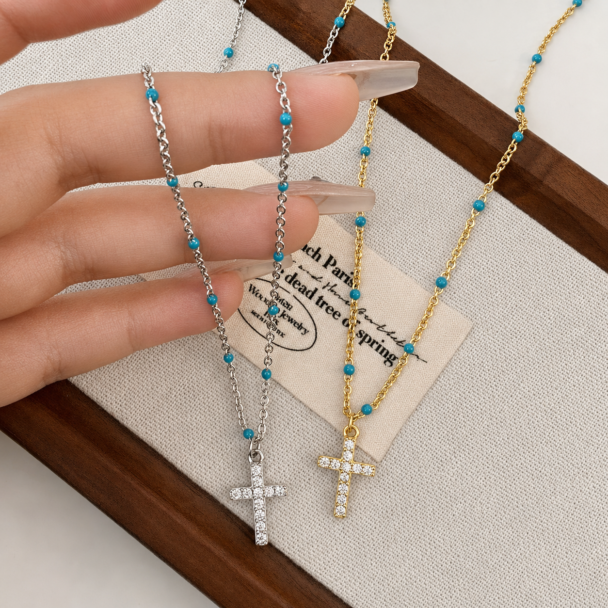 Cross Pendant Necklace with Turquoise Beads – Sparkling Crystal Chain Jewelry