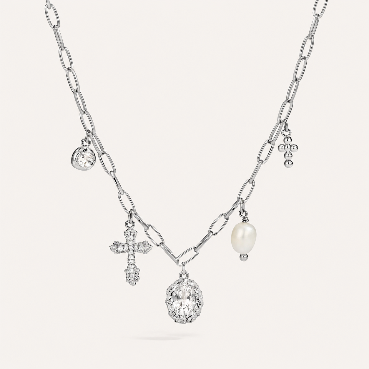 Starlight Aura Cross Pearl Charm Necklace
