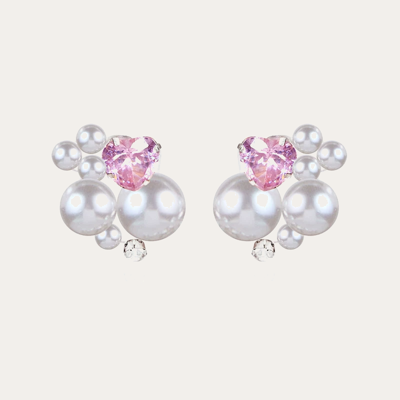 Ling Collection Dreamy Pearl Heart Crystal Earrings with Handmade Beading and Pink Zircon Accent