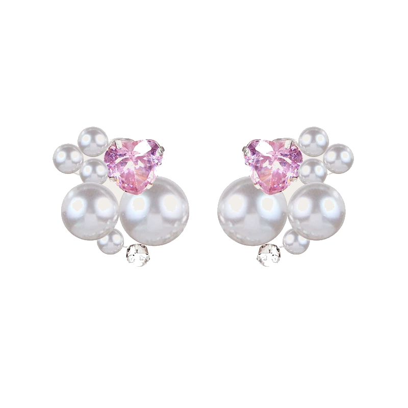 Ling Collection Dreamy Pearl Heart Crystal Earrings with Handmade Beading and Pink Zircon Accent