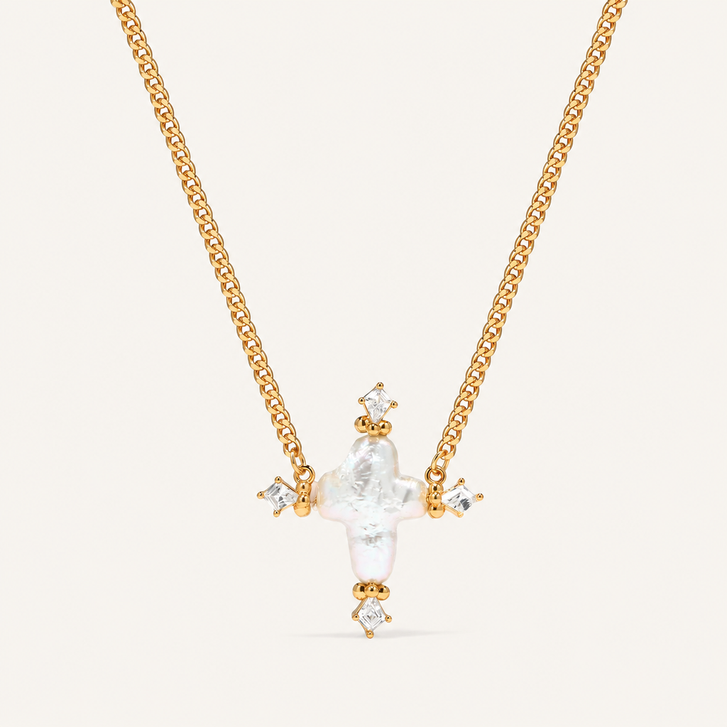 Ocean-Inspired Baroque Pearl Cross Pendant Necklace for Women