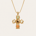 Vintage Gold Cross Pendant Necklace with Tiger Eye & Natural Stone Accents