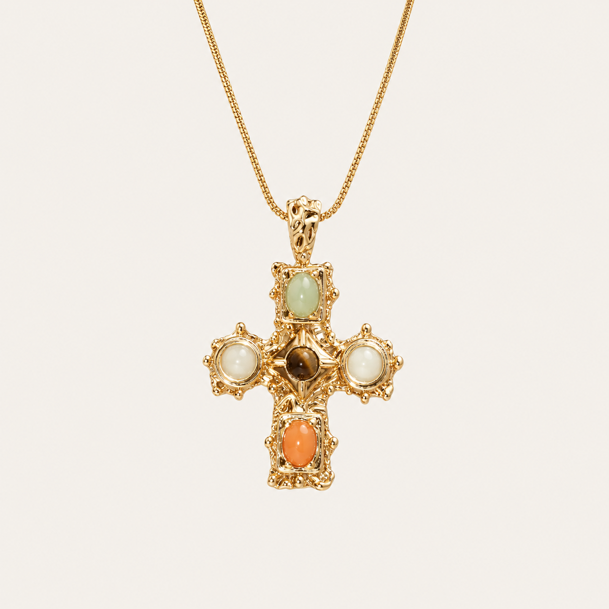 Vintage Gold Cross Pendant Necklace with Tiger Eye & Natural Stone Accents