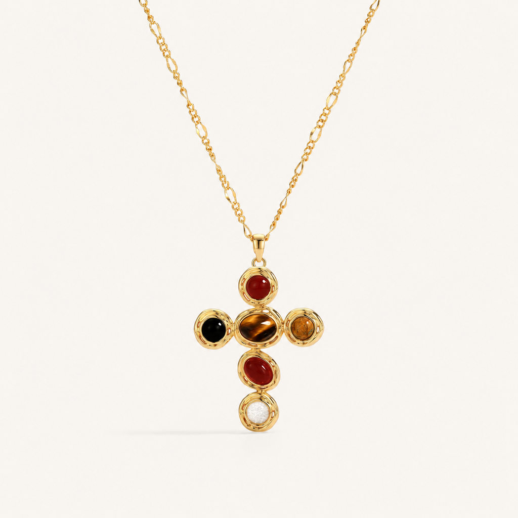 Starlight Aura Five-Stone Cross Pendant Necklace