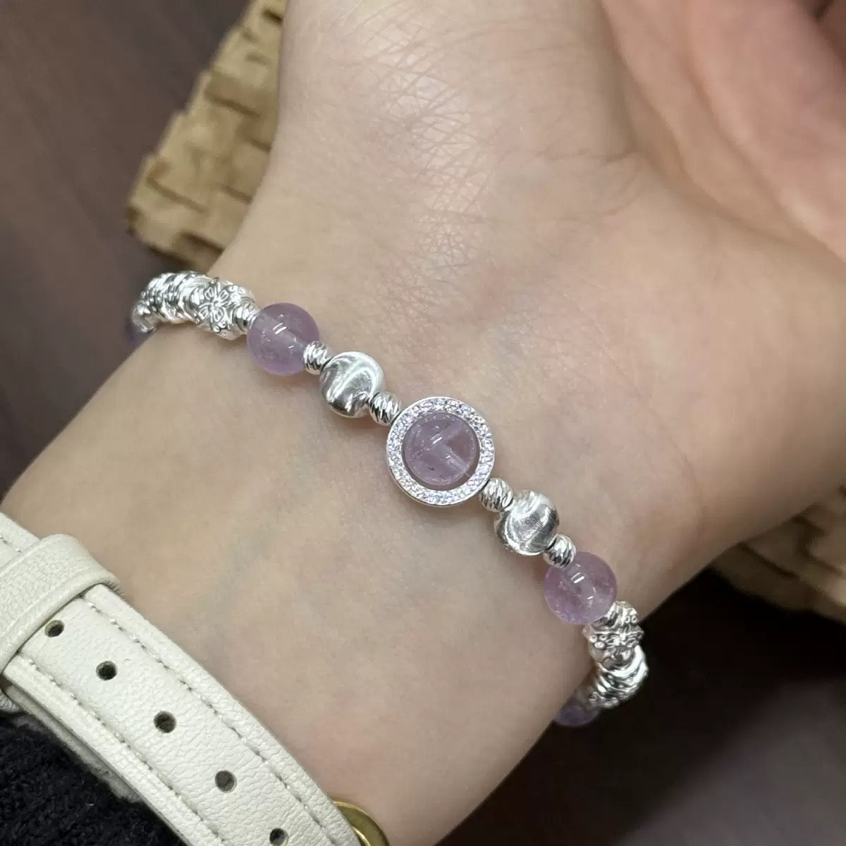Amethyst Cat Eye Bracelet — 925 Sterling Silver Adjustable Bracelet with Purple Crystal Beads Twisted Wire Wrap | Bohemian Spiritual Jewelry for Women