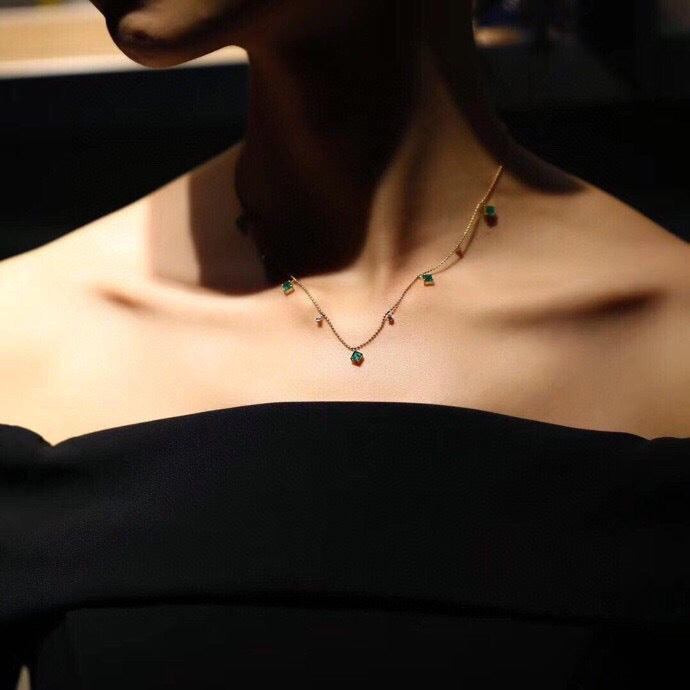 S925 Sterling Silver 18K Gold Plated Emerald &amp Diamond Multi-Stone Starry Pendant Necklace
