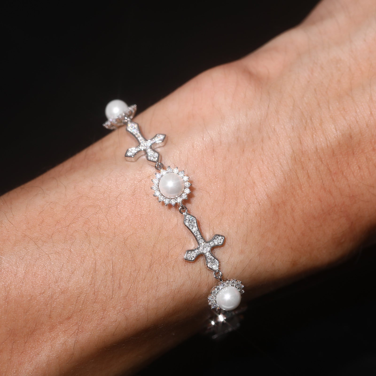 925 Sterling Silver Pearl Cross Bracelet for Women | Elegant Faith-Inspired Charm Jewelry Gift